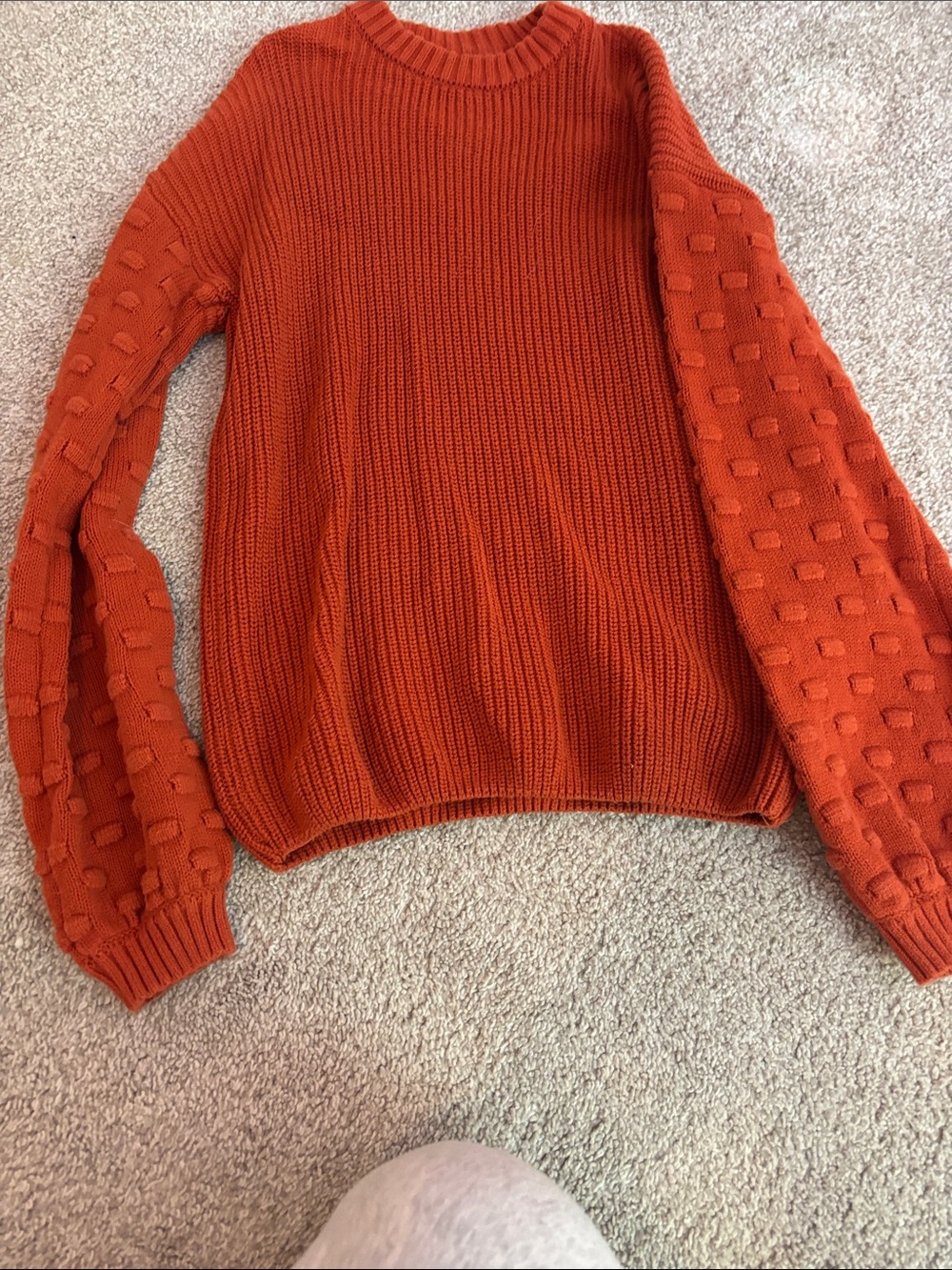 Girl’s Chunky Knit Bubble Sleeve Sweater - Rust Orange